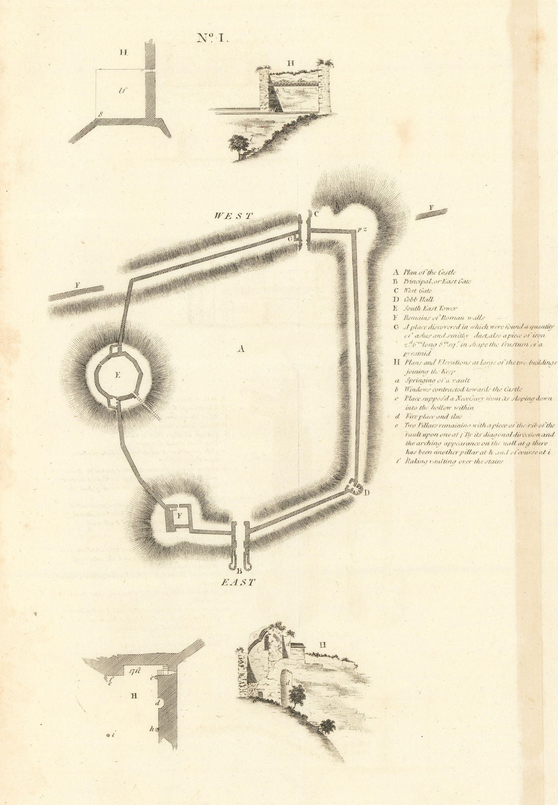 Lincoln castle No 1. Ground plan by Francis CARY 1806 old antique print